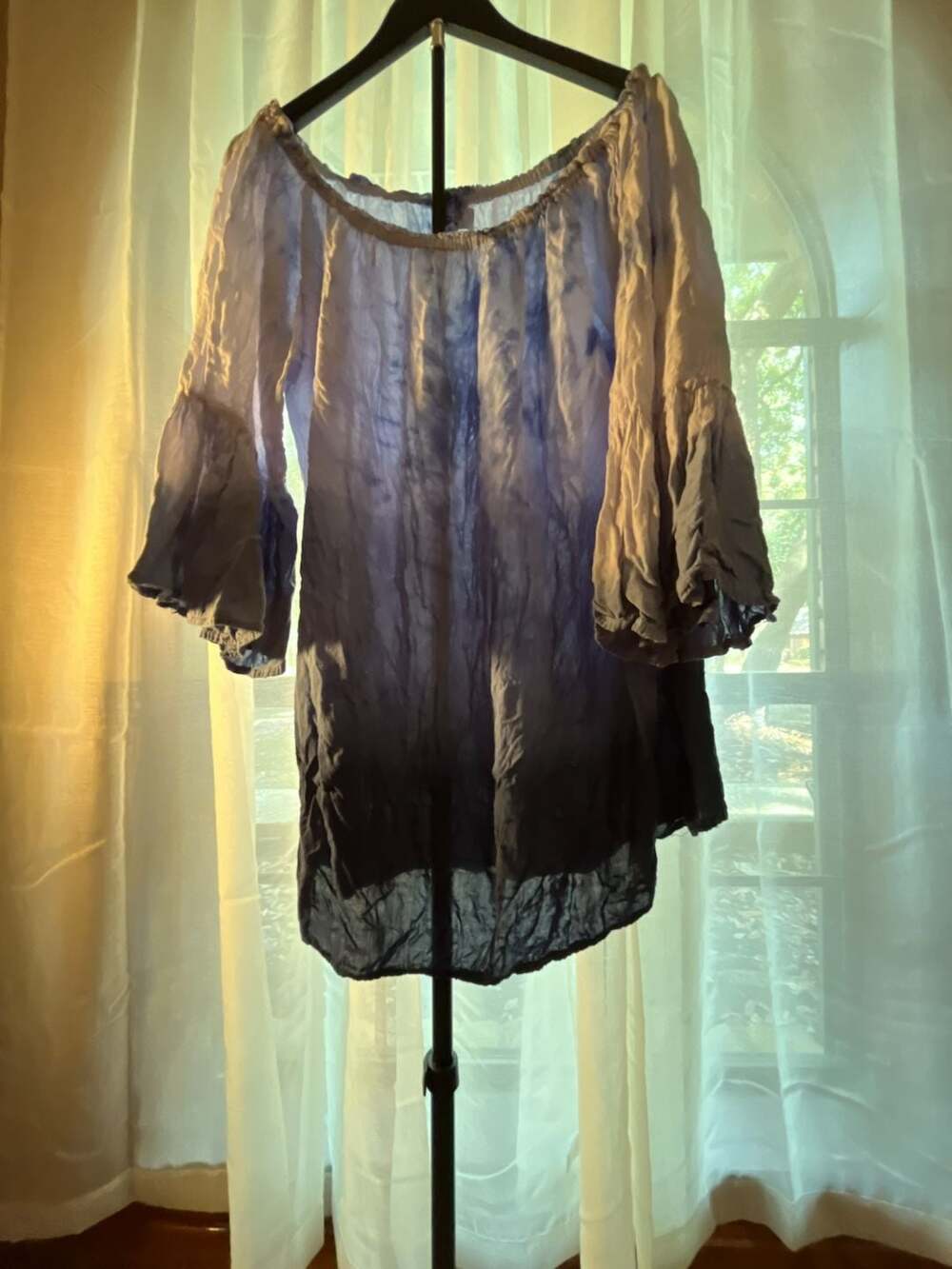 exist Blue Tie Dye Crinkled Off-Shoulder Smocked Top